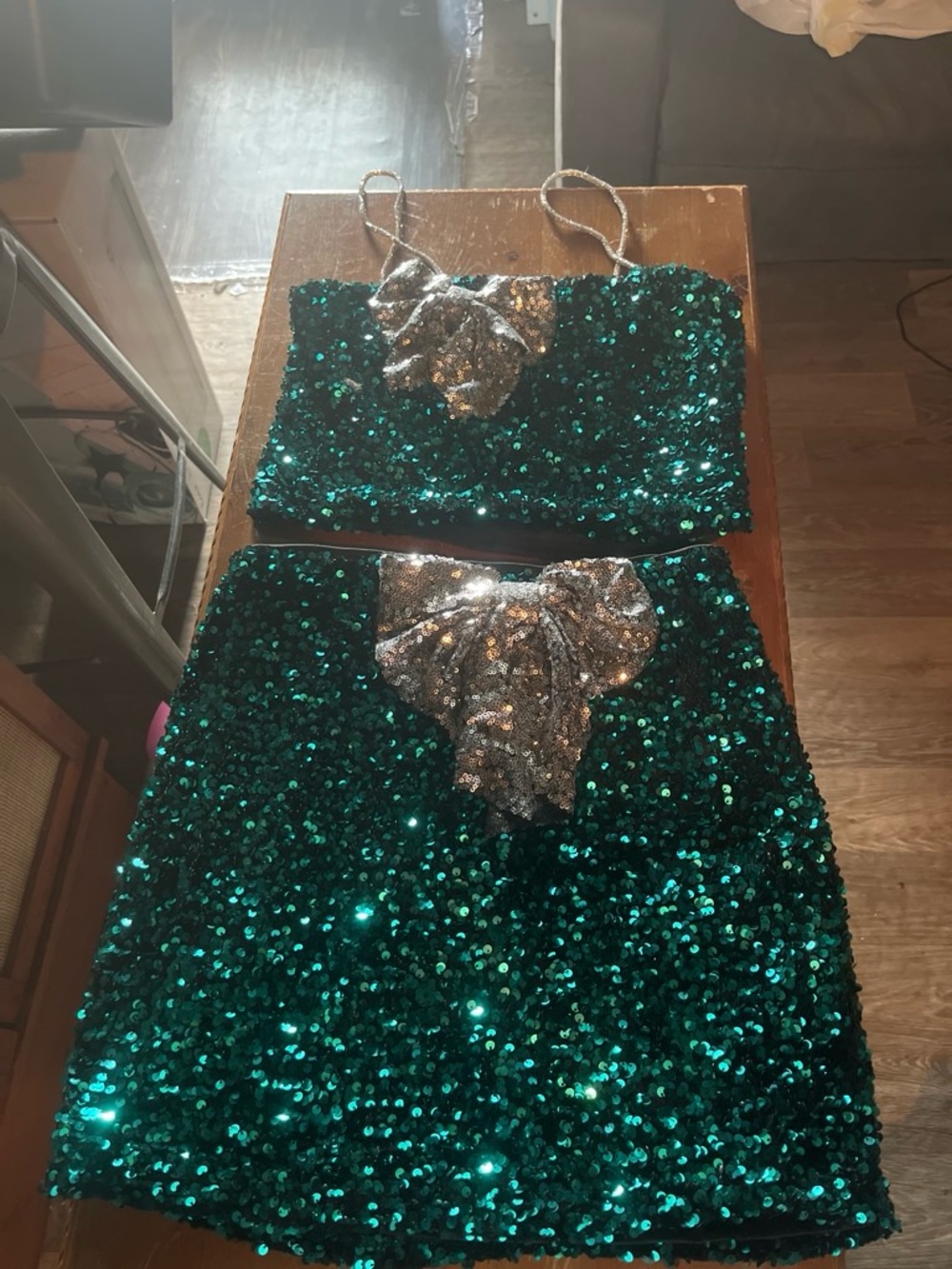 love on a hanger Green Sequin Two-Piece Set with Silver Bow Accent